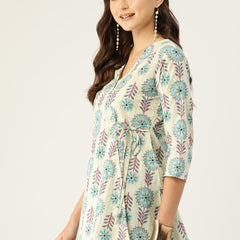 Floral Print Angrakha 3\4 Sleeves Flared Kurti