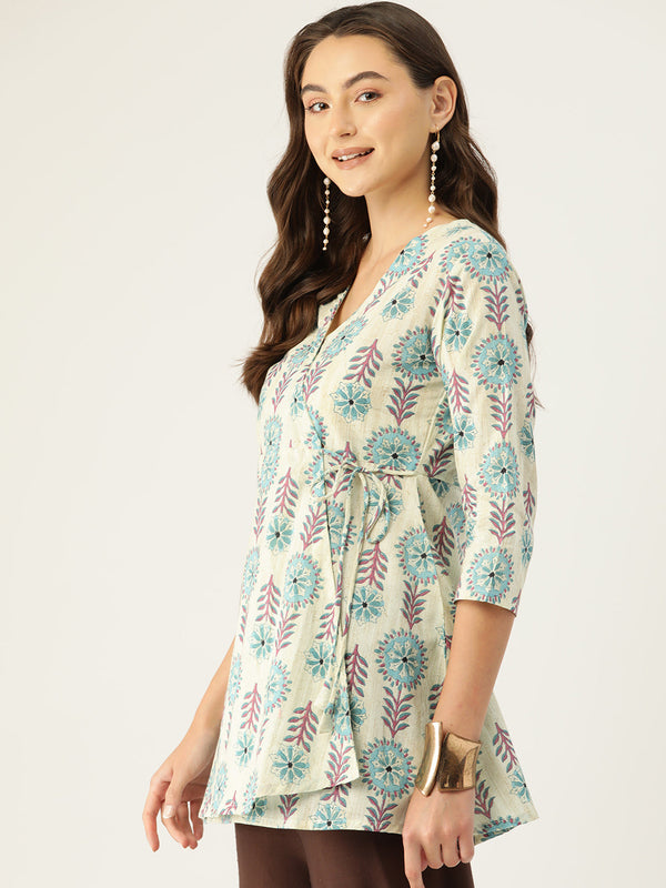 Floral Print Angrakha 3\4 Sleeves Flared Kurti