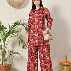 Maroon Elegant Collared Co-Ord Set with Frill Detail & Elasticated Pants