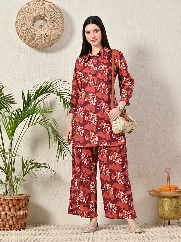 Maroon Elegant Collared Co-Ord Set with Frill Detail & Elasticated Pants