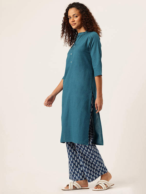 Women’s Solid Long Kurti with Mandarin Collar, 3/4 Sleeves & Pocket | Plain Elegant Cotton Kurta for Daily & Office Wear