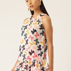 Cropped Sleeveless Elasticated Neck Bottom Flared Top with digital print on linen fabric.  | Size- Small |  Colour - White, Pink, Grey, Yellow