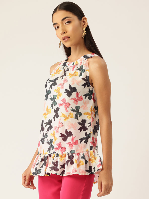 Cropped Sleeveless Elasticated Neck Bottom Flared Top with digital print on linen fabric.  | Size- Small |  Colour - White, Pink, Grey, Yellow