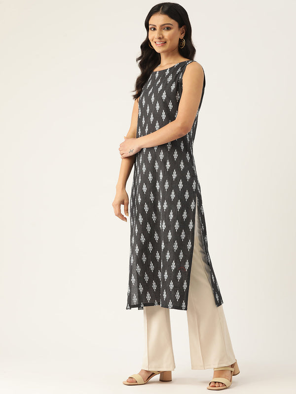 Cotton Boat Neck Sleeveless Straight Kurti