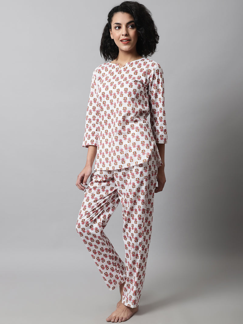 White Printed Cotton Night Suit with V-Neck Kurti & Ankle-Length Pants