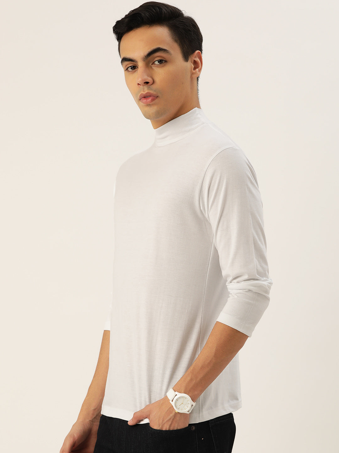 Men White High Neck Bio Finish T-Shirt