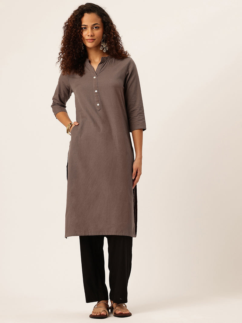 Women’s Solid Long Kurti with Mandarin Collar, 3/4 Sleeves & Pocket | Plain Elegant Cotton Kurta for Daily & Office Wear