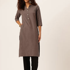 Women’s Solid Long Kurti with Mandarin Collar, 3/4 Sleeves & Pocket | Plain Elegant Cotton Kurta for Daily & Office Wear