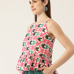 Cropped Sleeveless strap Peplum top with digital print on linen fabric.| Size- Small| Colour - White, Pink, Green