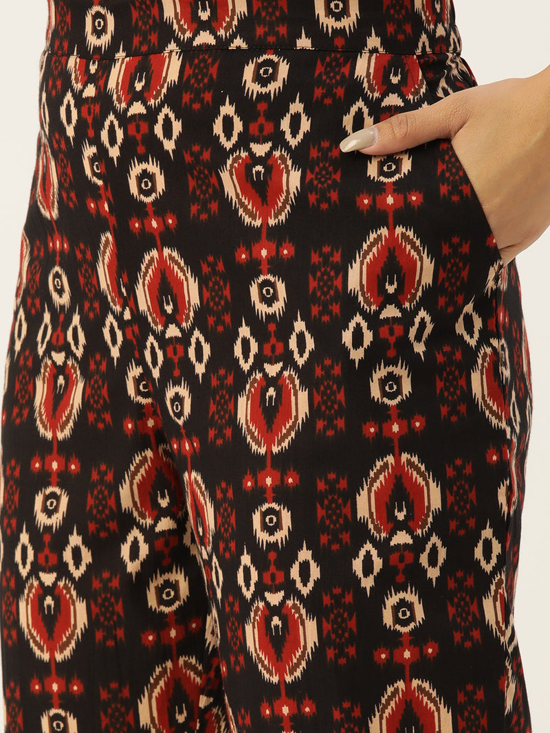 Black Printed Cotton Night Suit with V-Neck Kurti & Ankle-Length Pants