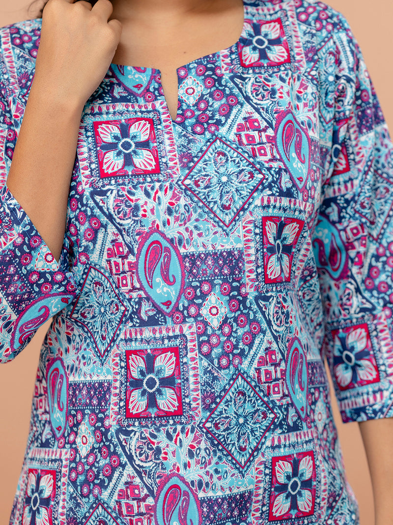 Elegant Printed Short Kurti – Soft Cotton, Everyday Style, Sizes S–XXL.