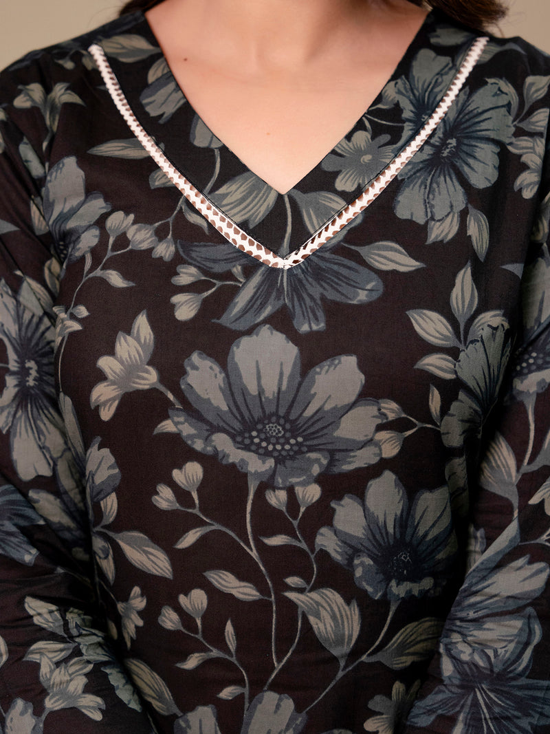 Printed Cotton Kurta Set with V-Neckline, Ankle-Length Pants and Graceful Dupatta