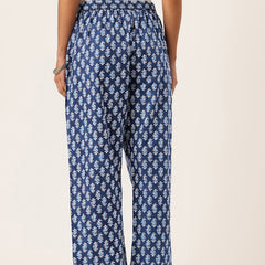 Blue Women Pure Cotton Paisley Printed Palazzo Pants | Elastic Waist | Wide Leg