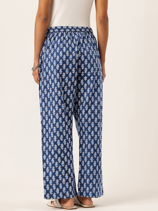 Blue Women Pure Cotton Paisley Printed Palazzo Pants | Elastic Waist | Wide Leg