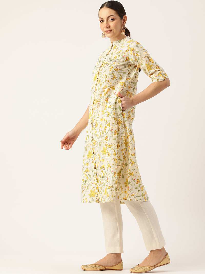 Elegant A-Line Long Kurta for Women - Mandarin Collar with Button Detailing
