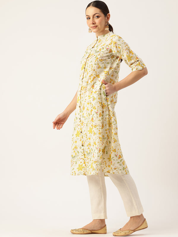 Elegant A-Line Long Kurta for Women - Mandarin Collar with Button Detailing