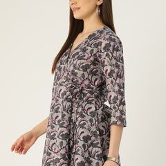 Floral Print Angrakha 3\4 Sleeves Flared Kurti