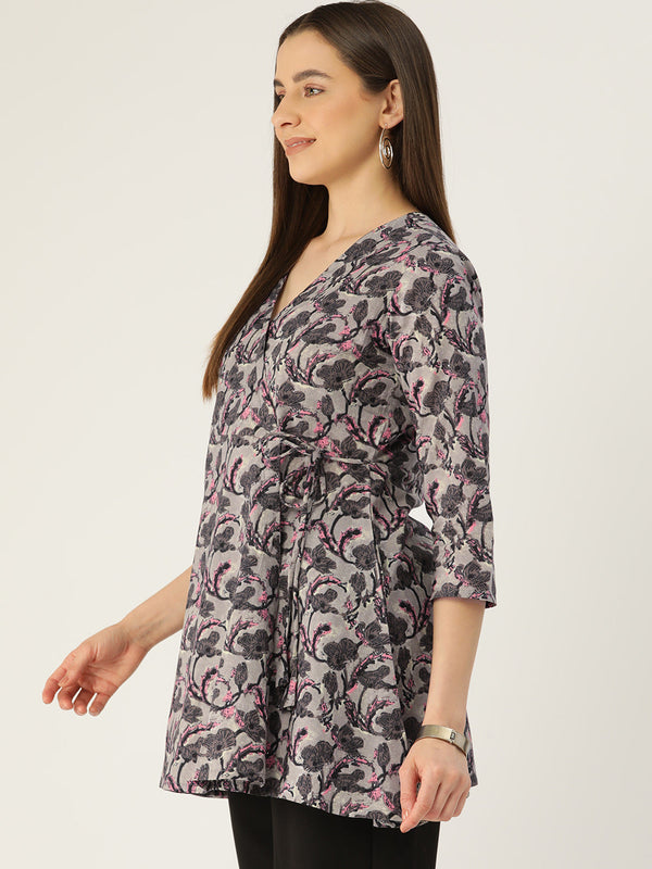 Floral Print Angrakha 3\4 Sleeves Flared Kurti