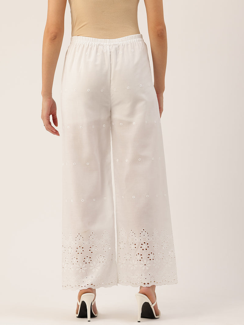 White Embroidered Palazzos–Fully Lined, Elastic Waist & Ankle-Length with Side Pocket