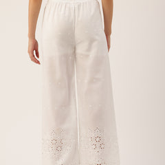 White Embroidered Palazzos–Fully Lined, Elastic Waist & Ankle-Length with Side Pocket