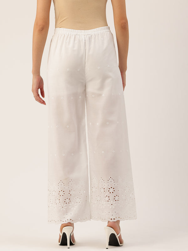 White Embroidered Palazzos–Fully Lined, Elastic Waist & Ankle-Length with Side Pocket