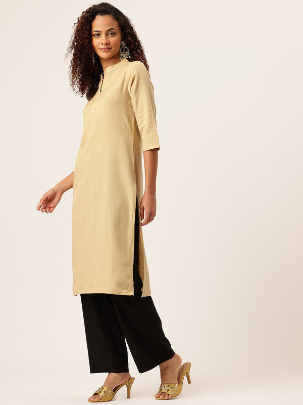 Women’s Solid Long Kurti with Mandarin Collar, 3/4 Sleeves & Pocket | Plain Elegant Cotton Kurta for Daily & Office Wear
