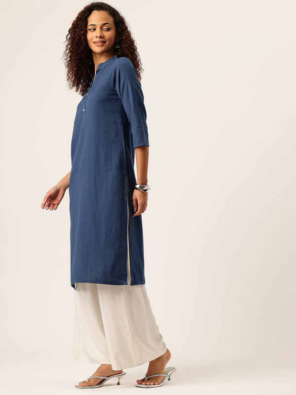 Women’s Solid Long Kurti with Mandarin Collar, 3/4 Sleeves & Pocket | Plain Elegant Cotton Kurta for Daily & Office Wear
