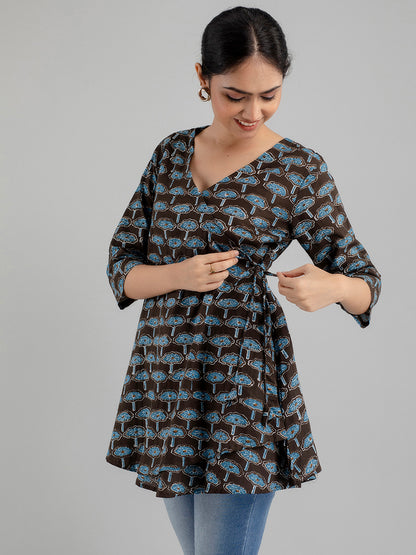 Floral Printed V-Neck Pure Cotton Angrakha A-Line Kurti FRKT6175