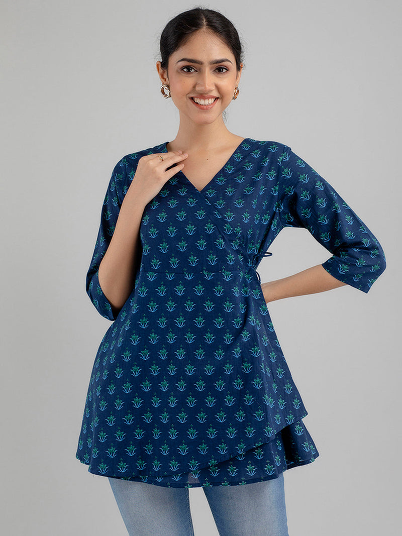 Floral Printed V-Neck Pure Cotton Angrakha A-Line Kurti