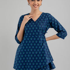 Floral Printed V-Neck Pure Cotton Angrakha A-Line Kurti