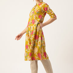 Elegant A-Line Long Kurta for Women - Mandarin Collar with Button Detailing