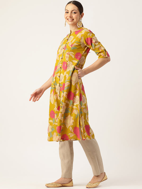 Elegant A-Line Long Kurta for Women - Mandarin Collar with Button Detailing