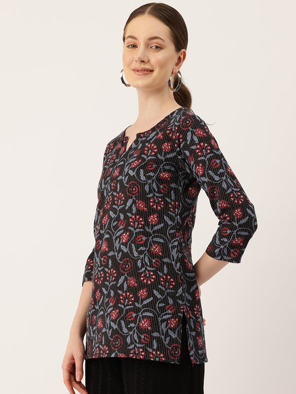 3/4 Sleeve Round Neck Vcut top Black1 Colour