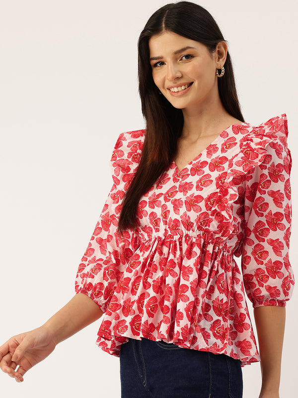 Cotton Linen Puff Sleeve Kurti for Women - Short Fit & Flare KURTI with Button Front