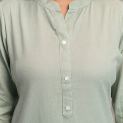 Women’s Solid Long Kurti with Mandarin Collar, 3/4 Sleeves & Pocket | Plain Elegant Cotton Kurta for Daily & Office Wear