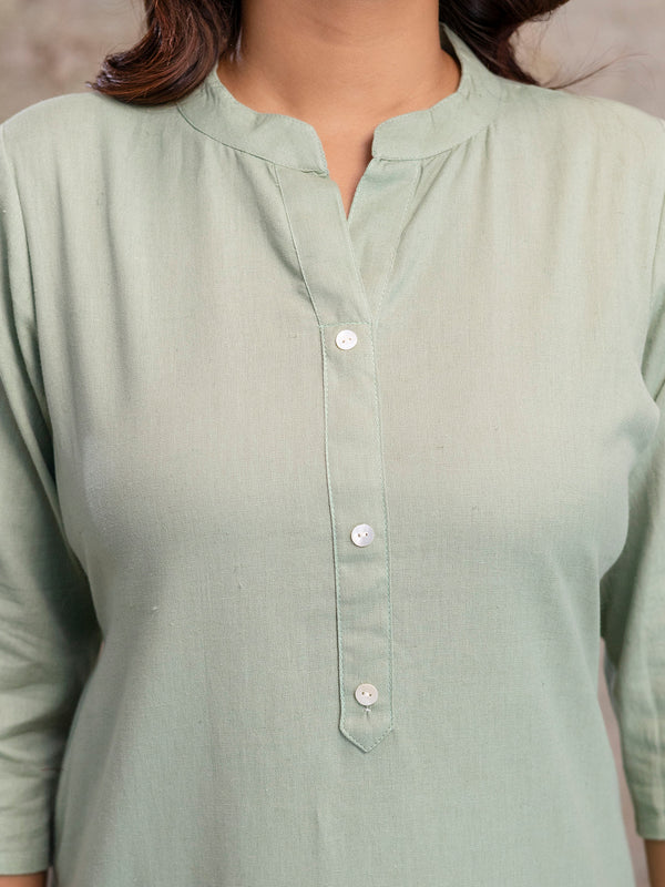 Women’s Solid Long Kurti with Mandarin Collar, 3/4 Sleeves & Pocket | Plain Elegant Cotton Kurta for Daily & Office Wear