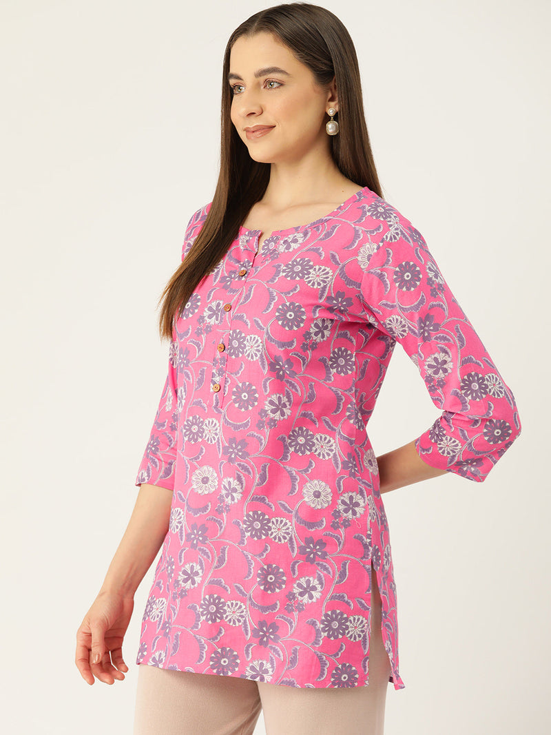 Floral Print 4 Button Straight Kurti