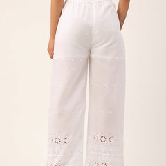 White Embroidered Palazzos–Fully Lined, Elastic Waist & Ankle-Length with Side Pocket