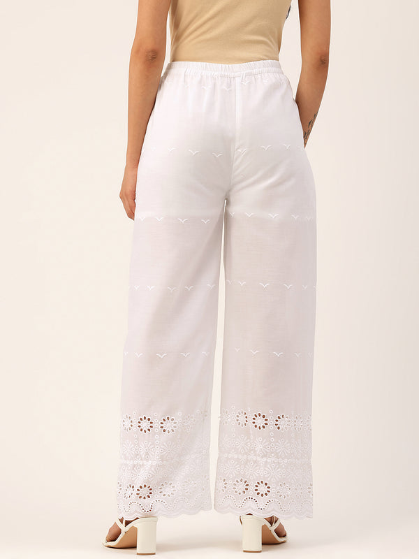 White Embroidered Palazzos–Fully Lined, Elastic Waist & Ankle-Length with Side Pocket