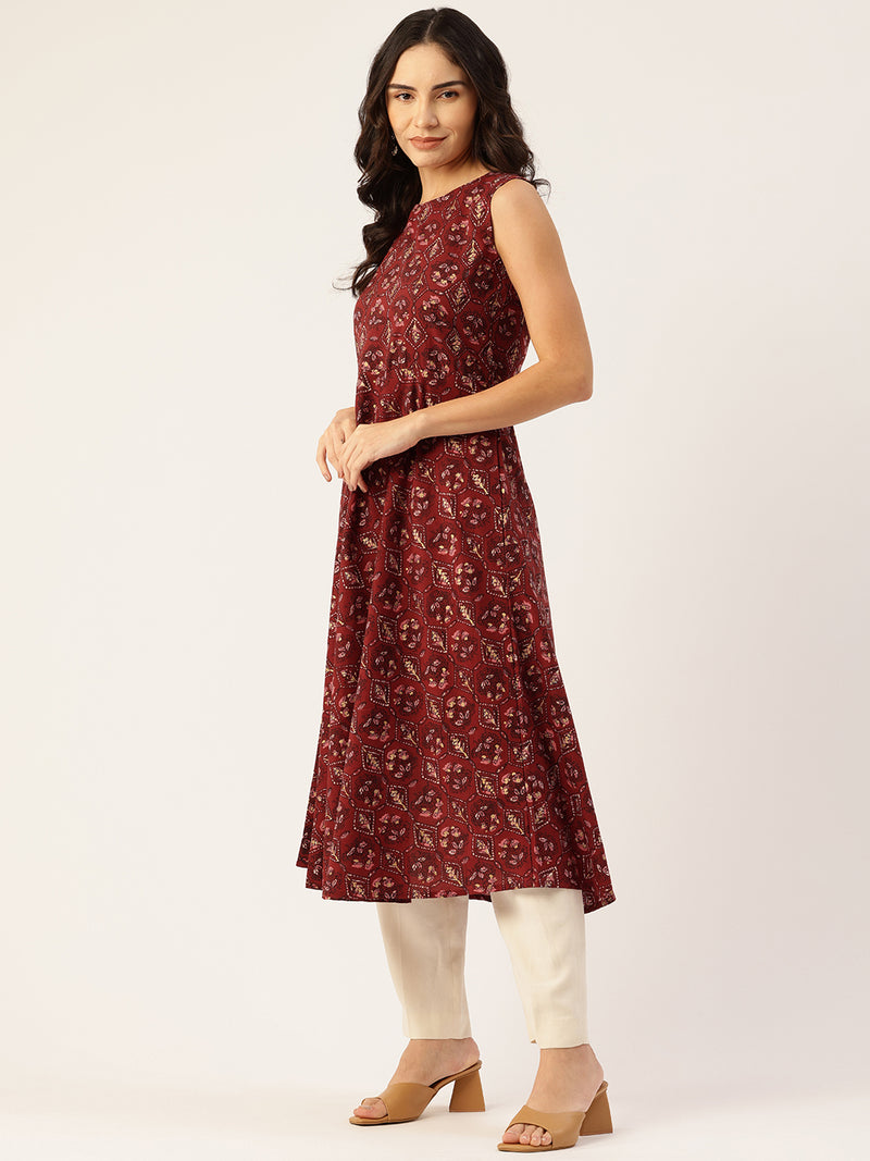 Elegant Floral Sleeveless A-Line Kurti with Back Zip Closure