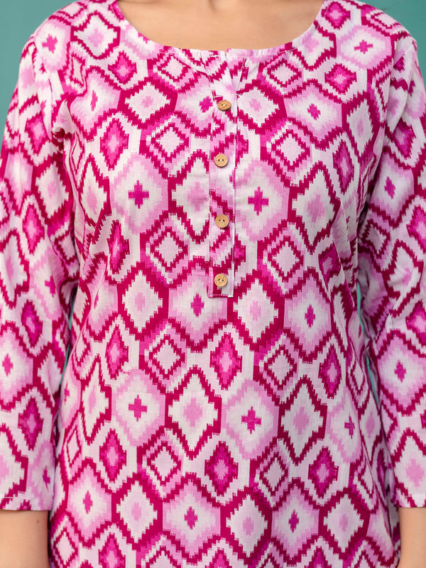 Chic Printed Short Kurti with Round Neck & 3/4 Sleeves
