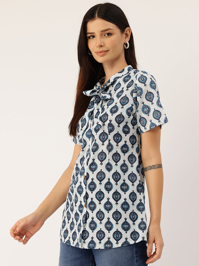 Elegant Bow Collar Cotton Shirt for Women - Stylish & Comfortable