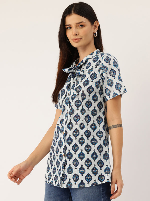 Elegant Bow Collar Cotton Shirt for Women - Stylish & Comfortable