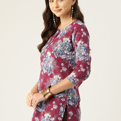 Floral Print 4 Button Straight Kurti
