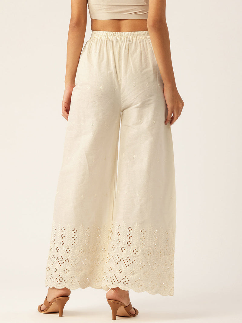 Beige Palazzos | Embroidered Elegnace With Elastic Waist & Single Pocket
