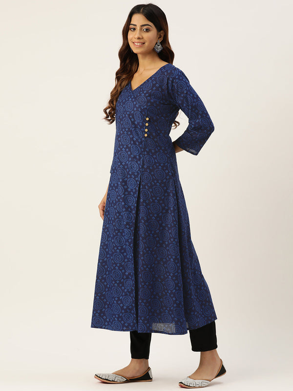 Floral Print 4 Button Angrakha Long Kurti