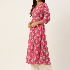 Floral Print 4 Button Angrakha Long Kurti
