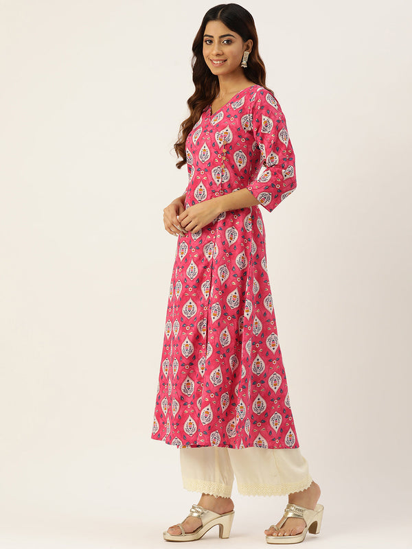 Floral Print 4 Button Angrakha Long Kurti