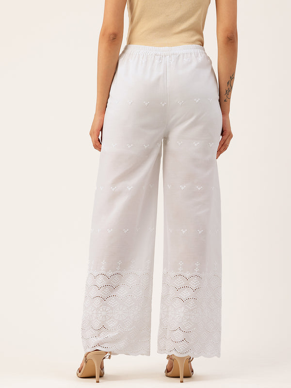 White Embroidered Palazzos–Fully Lined, Elastic Waist & Ankle-Length with Side Pocket