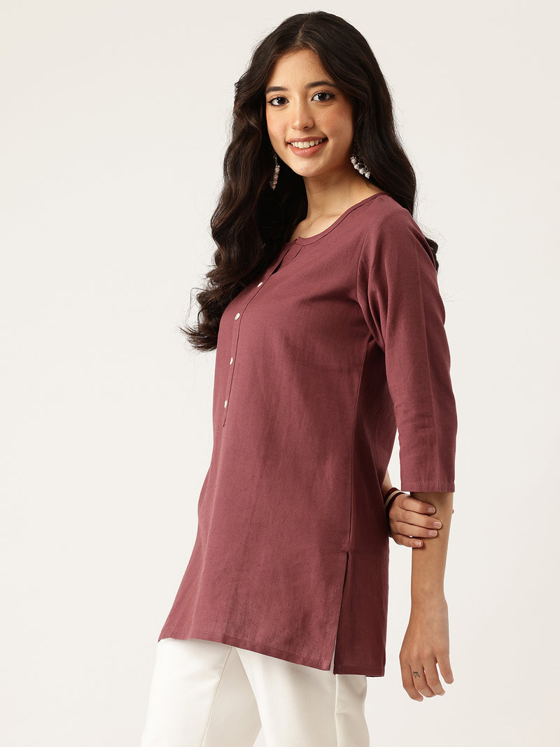 Elegant Short Kurti for Women –Button Detailing & 3/4 Sleeves | Round Neck |